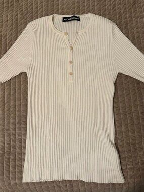 ANDREADAMO Ribbed Knit Henley Top, White, Size L, Made in Italy